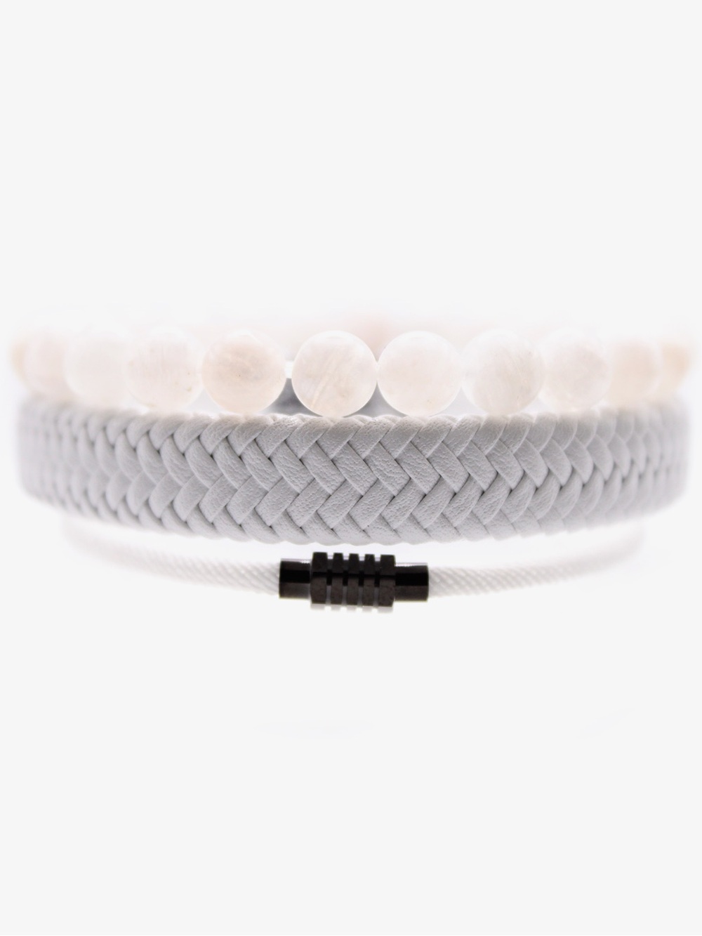 Men's White Beaded & Braided Bracelet Set